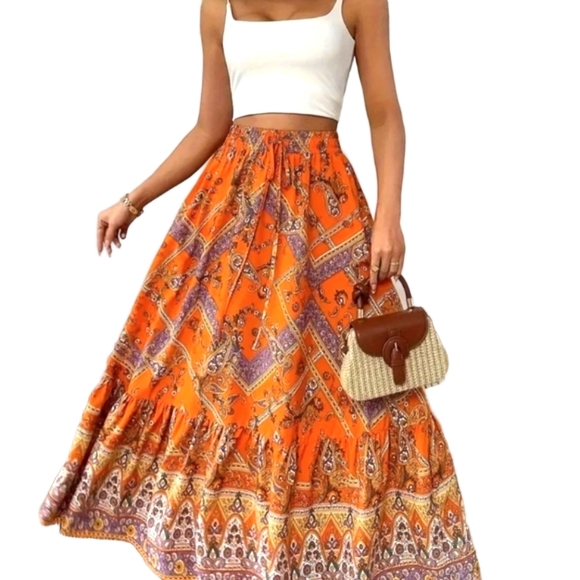 Maxi Skirt Orange Lightweight Flowy Vacay Skirts Vacation Outfit Bohemian Style - Picture 6 of 11